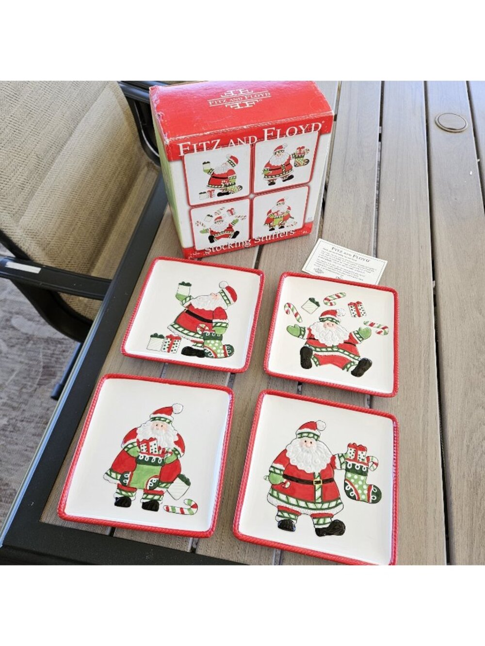 Christmas Snack Plates Santa Stocking Stuffers Fitz and Floyd Set of 4 Holiday